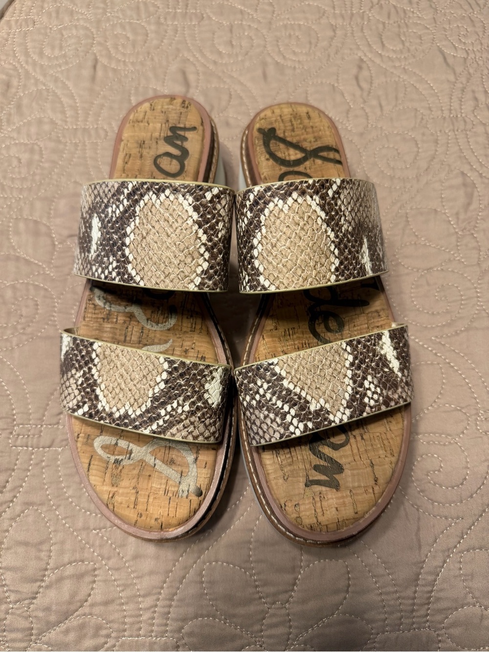Sam Edelman Snake Print Slide Sandals in Beige and Brown
